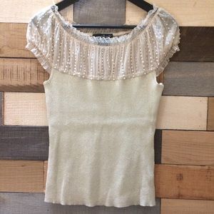 Gold Metallic Knit Top with Sheer Beaded Collar